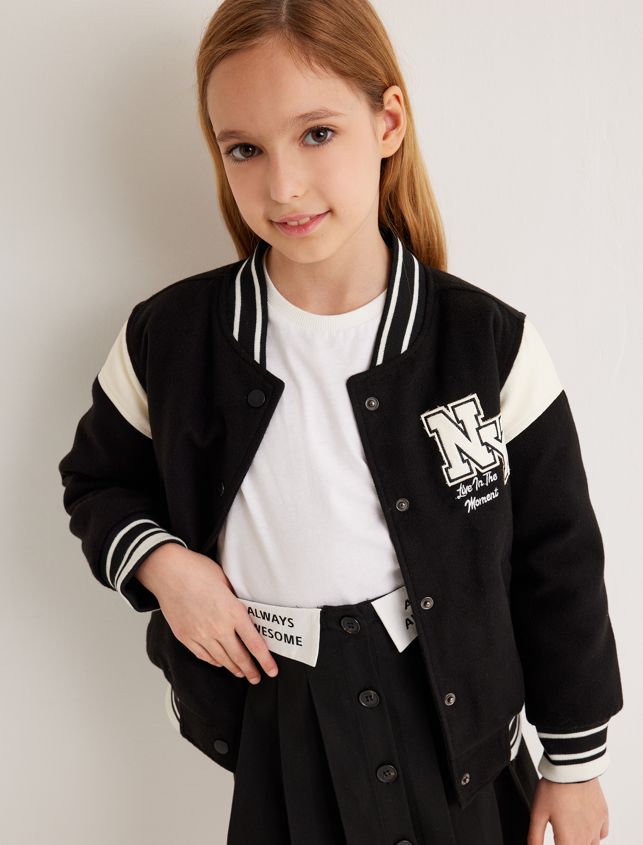  Kız Çocuk Cep Detaylı Uzun Kollu Renk Bloklu Oversize Kolej Ceket