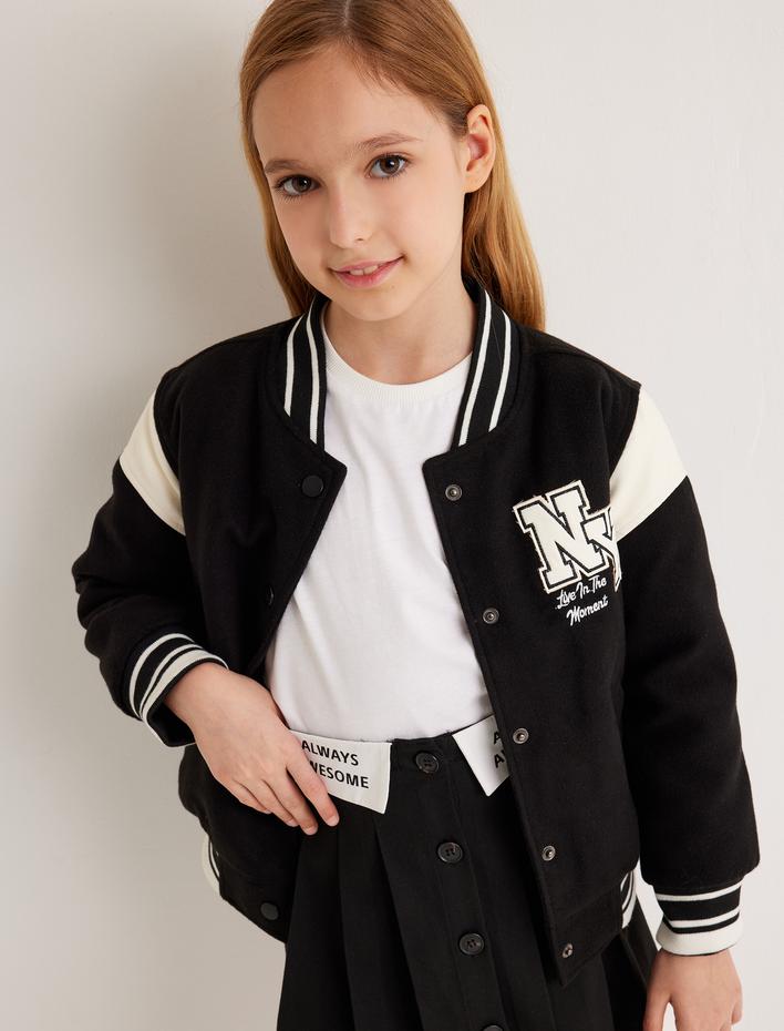 Kız Çocuk Cep Detaylı Uzun Kollu Renk Bloklu Oversize Kolej Ceket