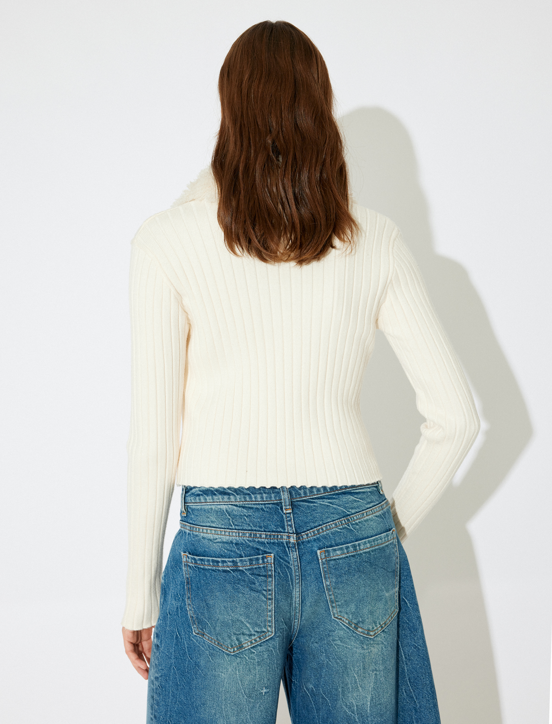   Suni Kürk Yakalı Triko Hırka Slim Fit Uzun Kollu