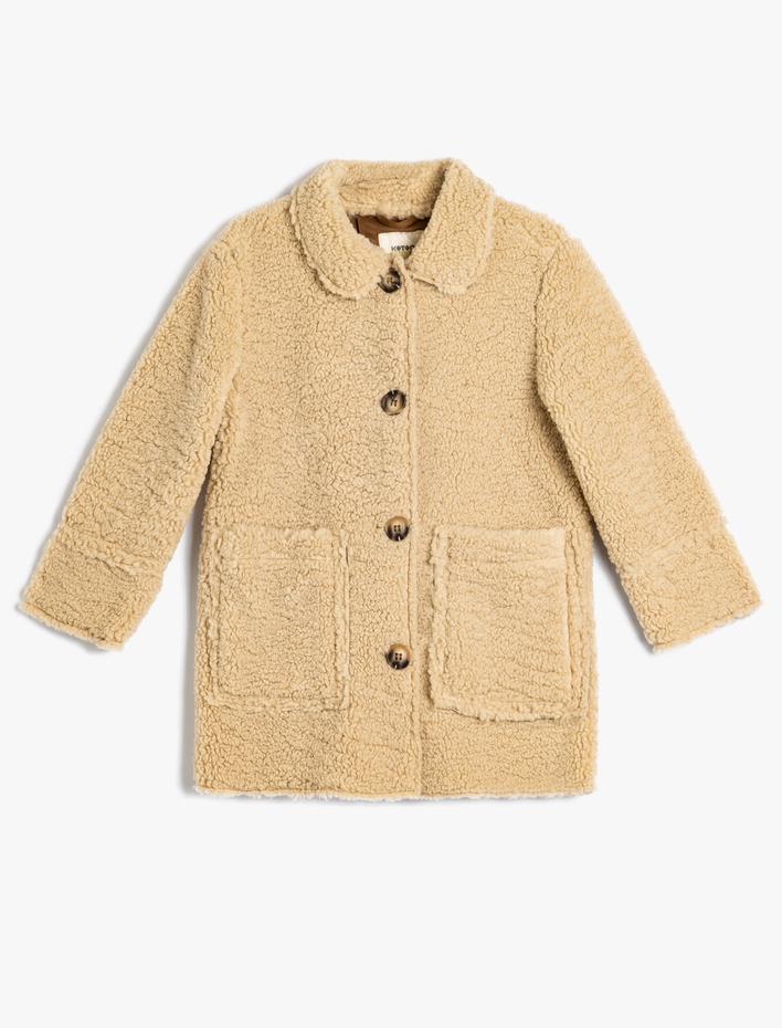 Kız Çocuk Peluş Mont Cep Detaylı Düğme Kapamalı Ceket Yaka