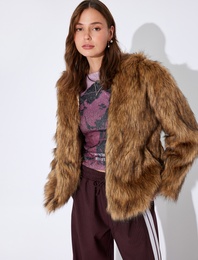 Oversize Kapüşonlu Cep Detaylı Suni Kürk Kaban