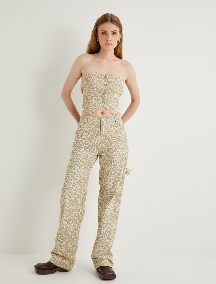  Leopar Pantolon Düz Paça Standart Bel Cepli Düğmeli Pamuklu