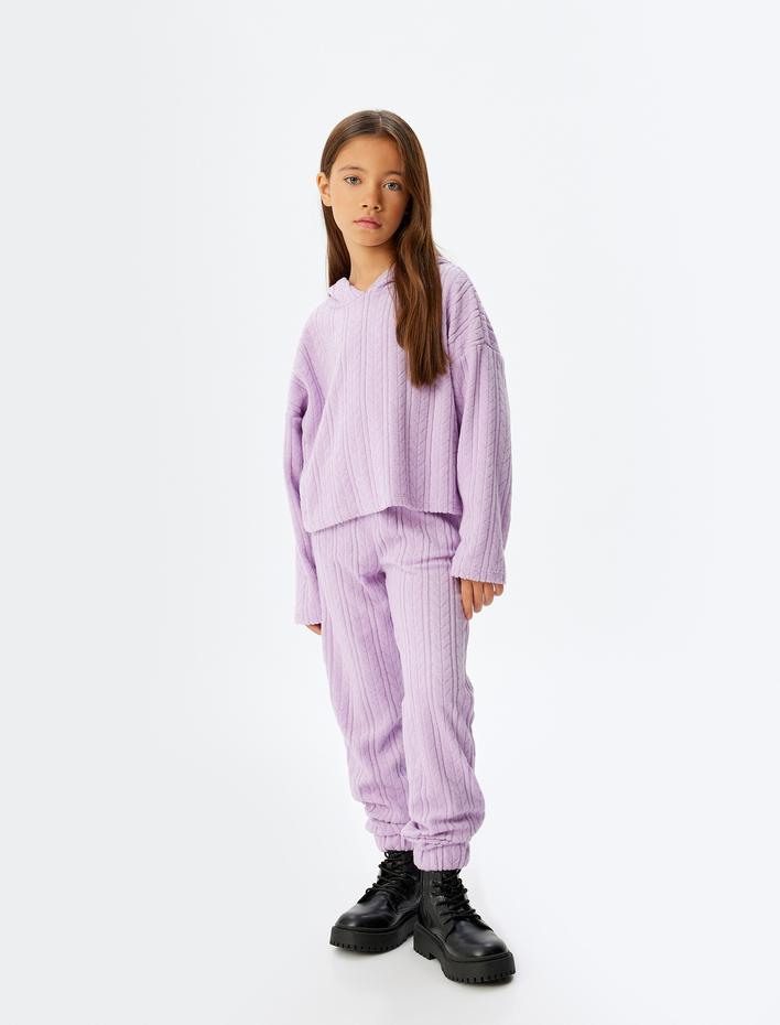 Kız Çocuk Crop Sweatshirt Kapşonlu Dokulu