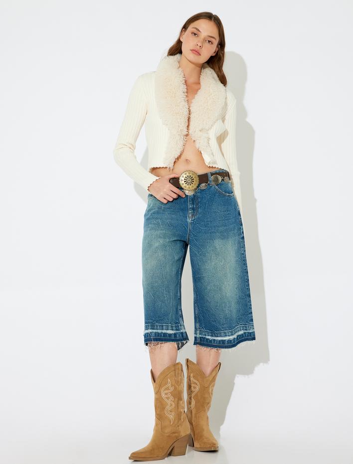  Koton X İnji - Uzun Bermuda Denim Şort Kesik Paça Düğme Detaylı