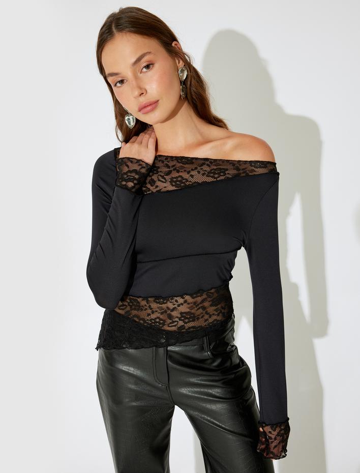  Koton X İnji - Dantelli Asimetrik Uzun Kollu Dikiş Detaylı Slim Fit Tişört