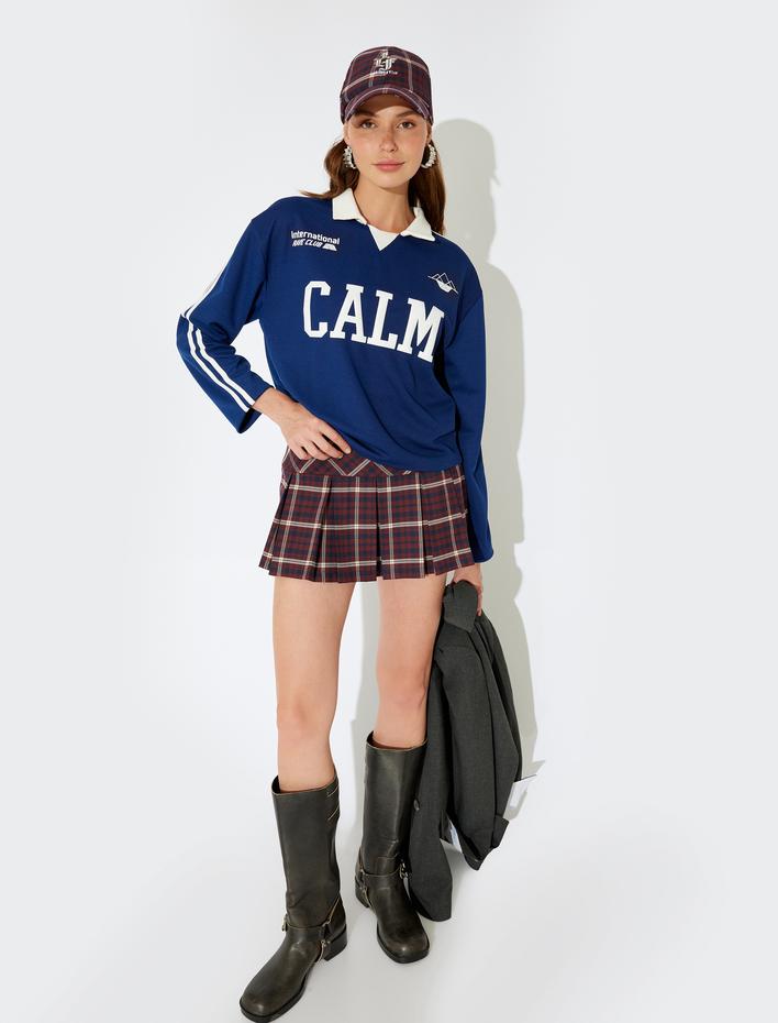  Koton X İnji - Polo Yaka Kolej Baskılı Uzun Kollu Şerit Detaylı Tişört