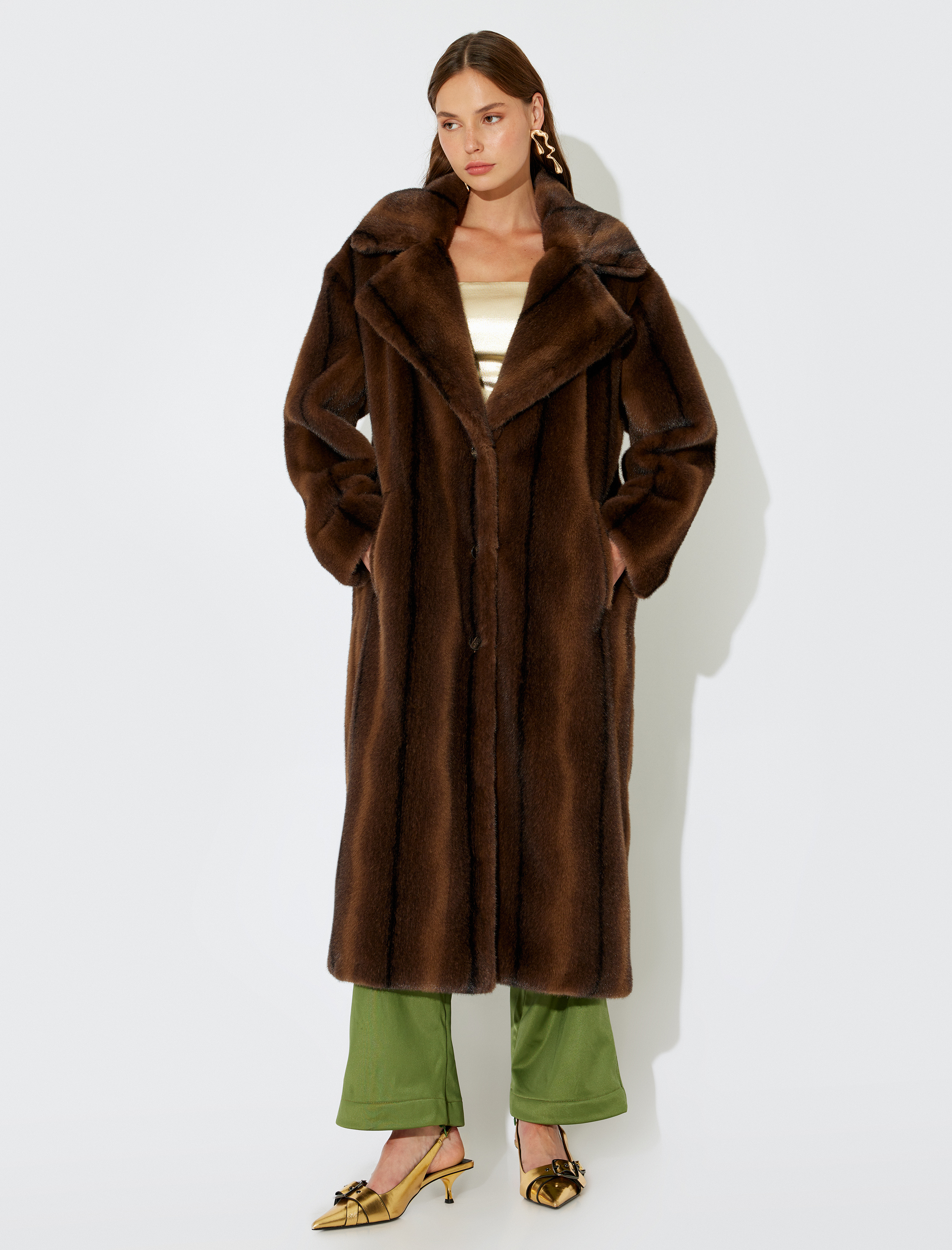 Koton X İnji - Suni Kürk Ekstra Uzun Cepli Düğmeli Astarlı Kaban