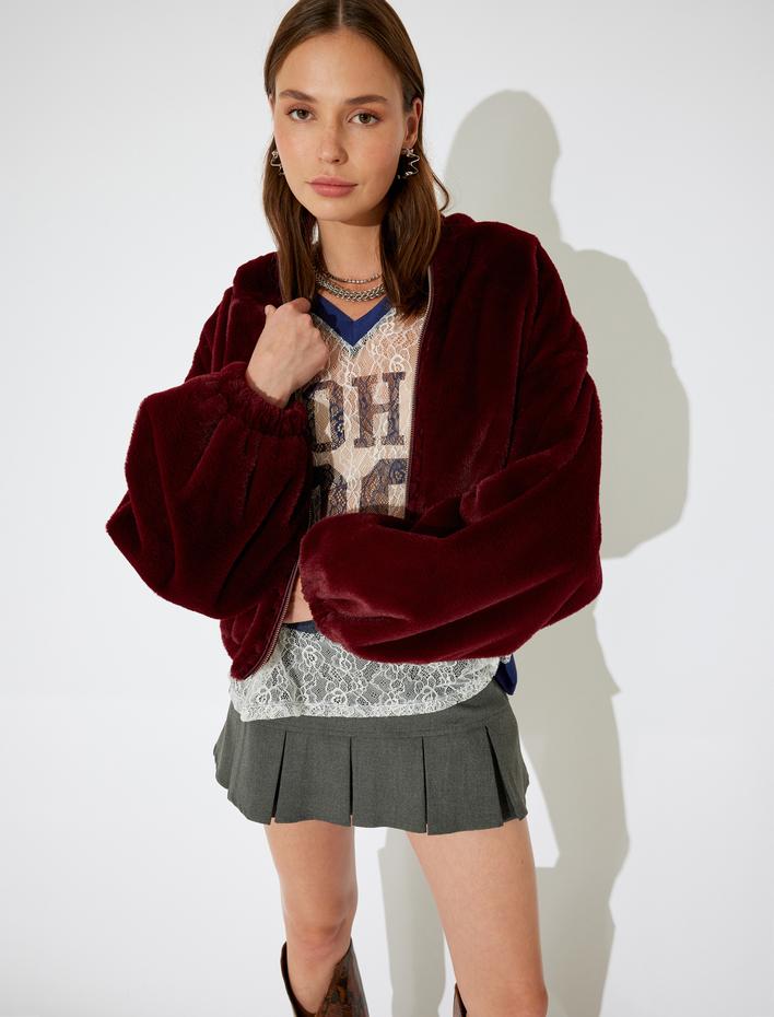  Suni Kürk Fermuarlı Kapüşonlu Crop Ceket