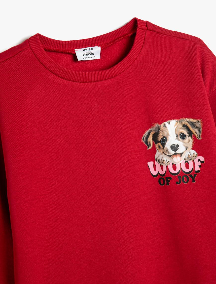  Kız Çocuk Sweatshirt Köpek Baskılı Bisiklet Yaka Uzun Kollu Şardonlu