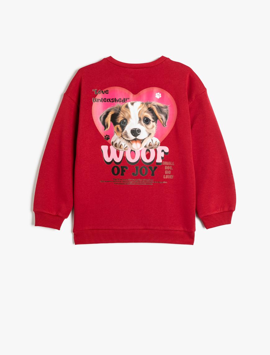  Kız Çocuk Sweatshirt Köpek Baskılı Bisiklet Yaka Uzun Kollu Şardonlu