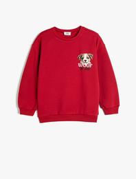 Sweatshirt Köpek Baskılı Bisiklet Yaka Uzun Kollu Şardonlu