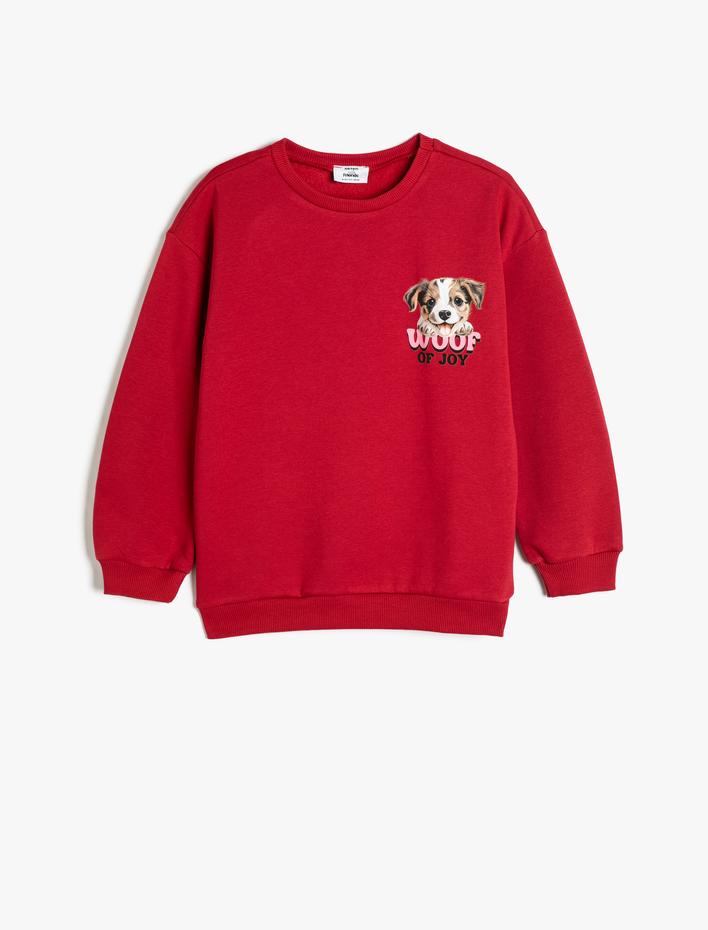 Kız Çocuk Sweatshirt Köpek Baskılı Bisiklet Yaka Uzun Kollu Şardonlu