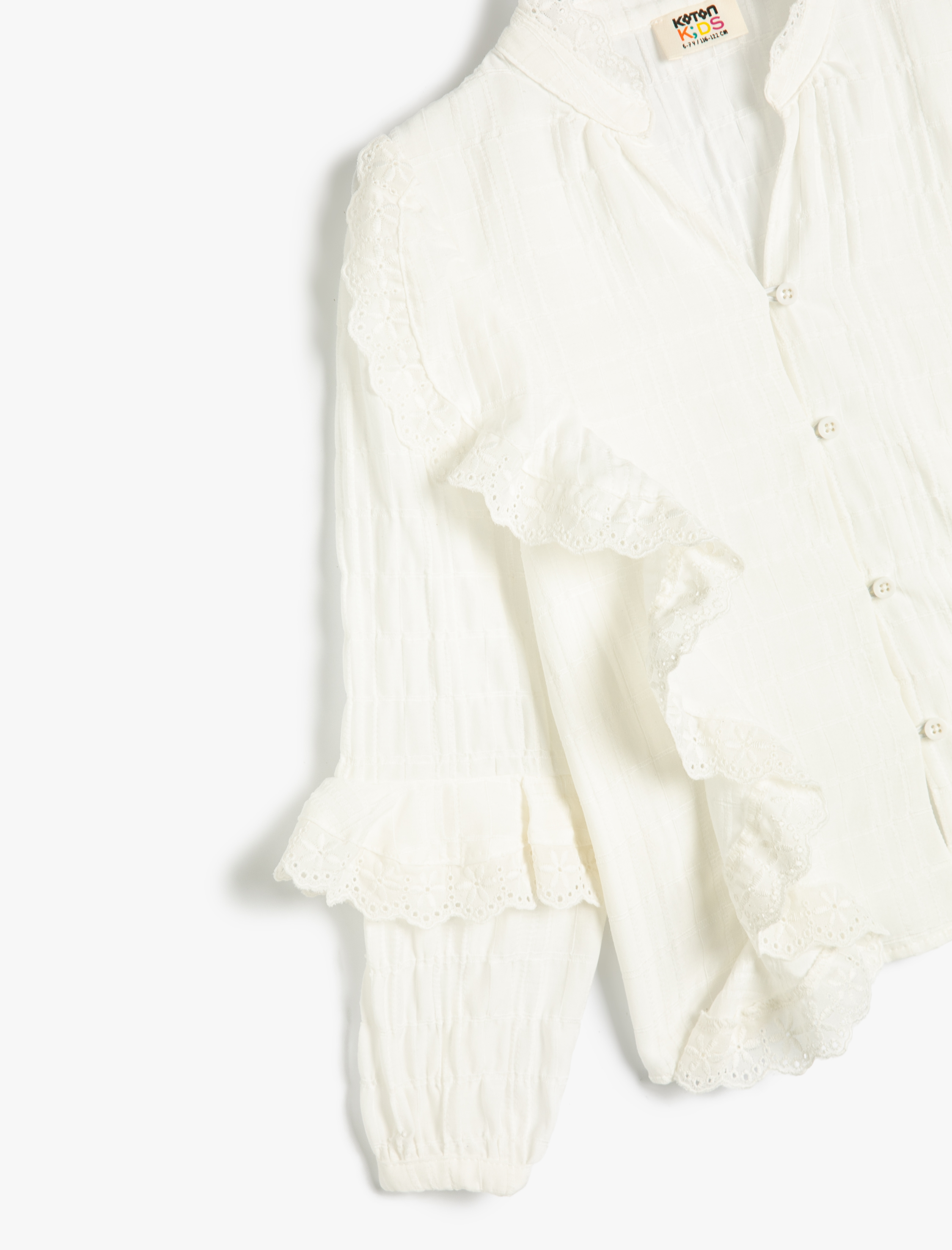  Kız Çocuk Bluz Fırfır Detaylı Uzun Kollu Dik Yaka Düğme Kapamalı