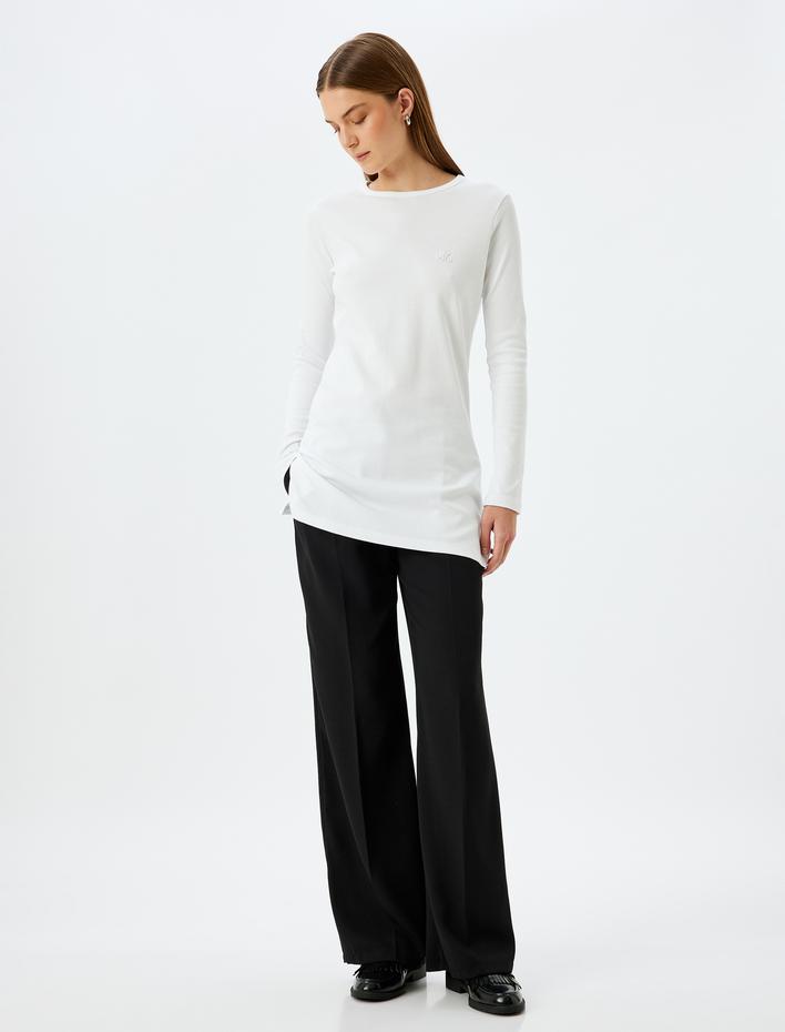  Uzun Kollu Tişört Nakış Detaylı Bisiklet Yaka Pamuklu