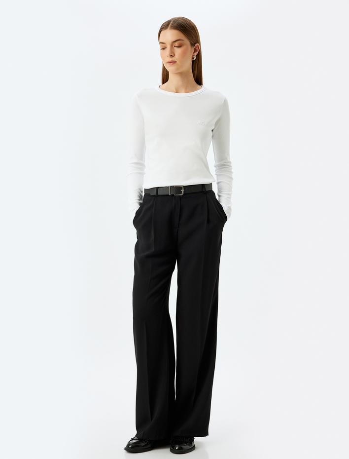  Uzun Kollu Tişört Nakış Detaylı Bisiklet Yaka Pamuklu