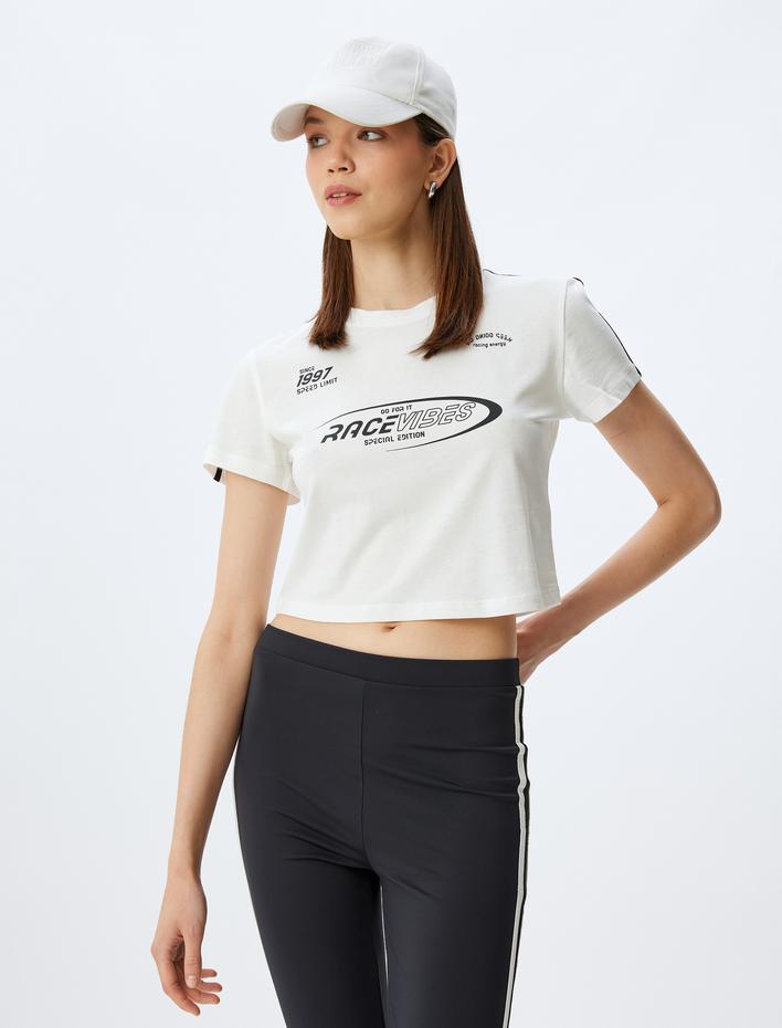  Crop Baskılı Biyeli Bisiklet Yaka Kısa Kollu Pamuklu Tişört
