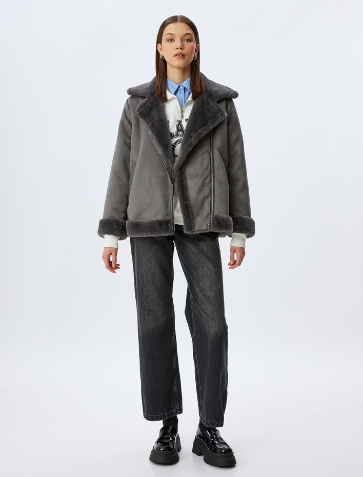  Suni Kürk Yaka Deri Görünümlü Fermuarlı Cepli Biker Ceket