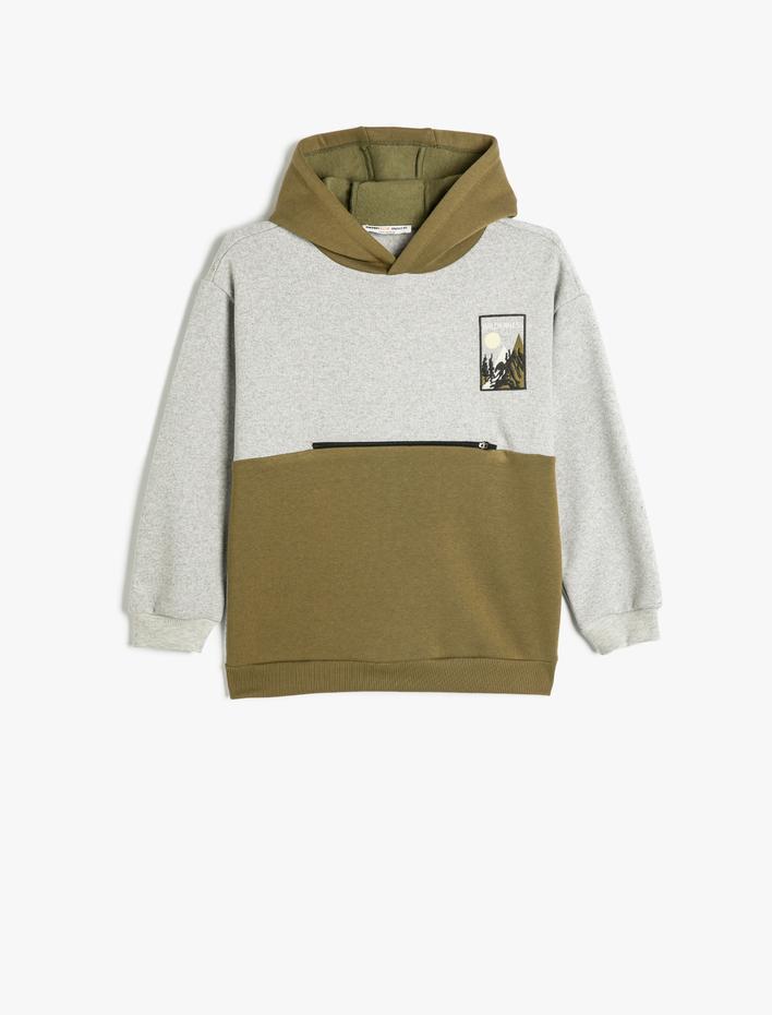 Erkek Çocuk Renk Bloklu Fermuarlı Detaylı Uzun Kollu Kapşonlu Sweatshirt