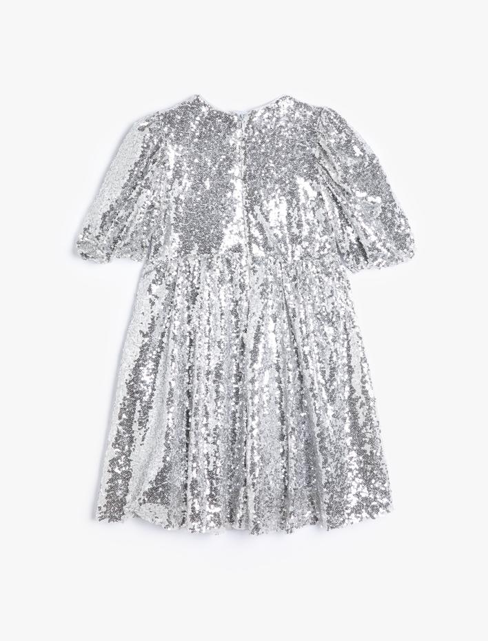 Kız Çocuk Yuvarlak Yaka Kısa Kollu Pullu Payetli Elbise