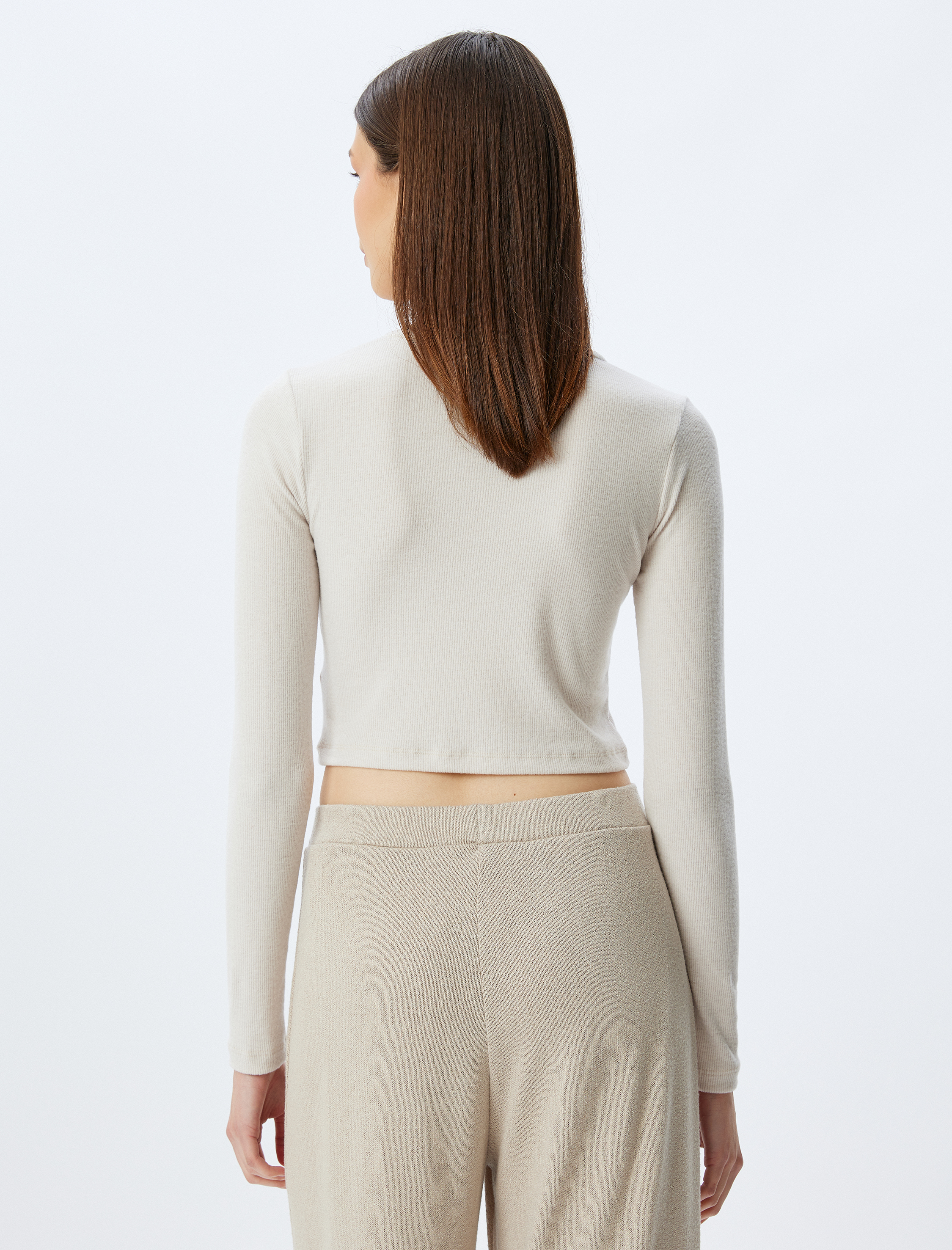 Uzun Kollu Bisiklet Yaka Örgü Crop Pijama Üstü