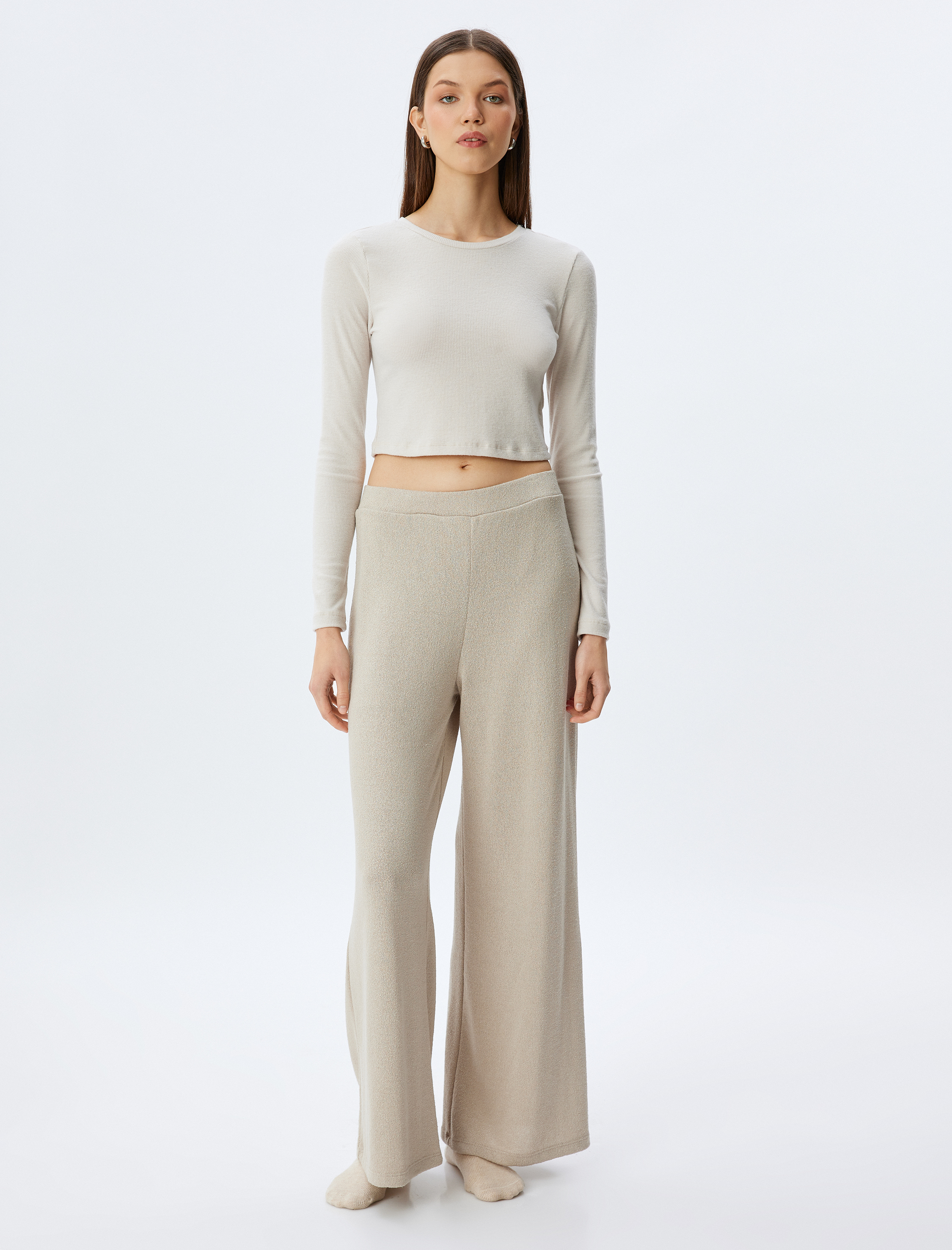 Uzun Kollu Bisiklet Yaka Örgü Crop Pijama Üstü