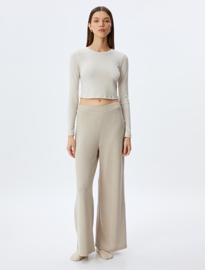  Uzun Kollu Bisiklet Yaka Örgü Crop Pijama Üstü