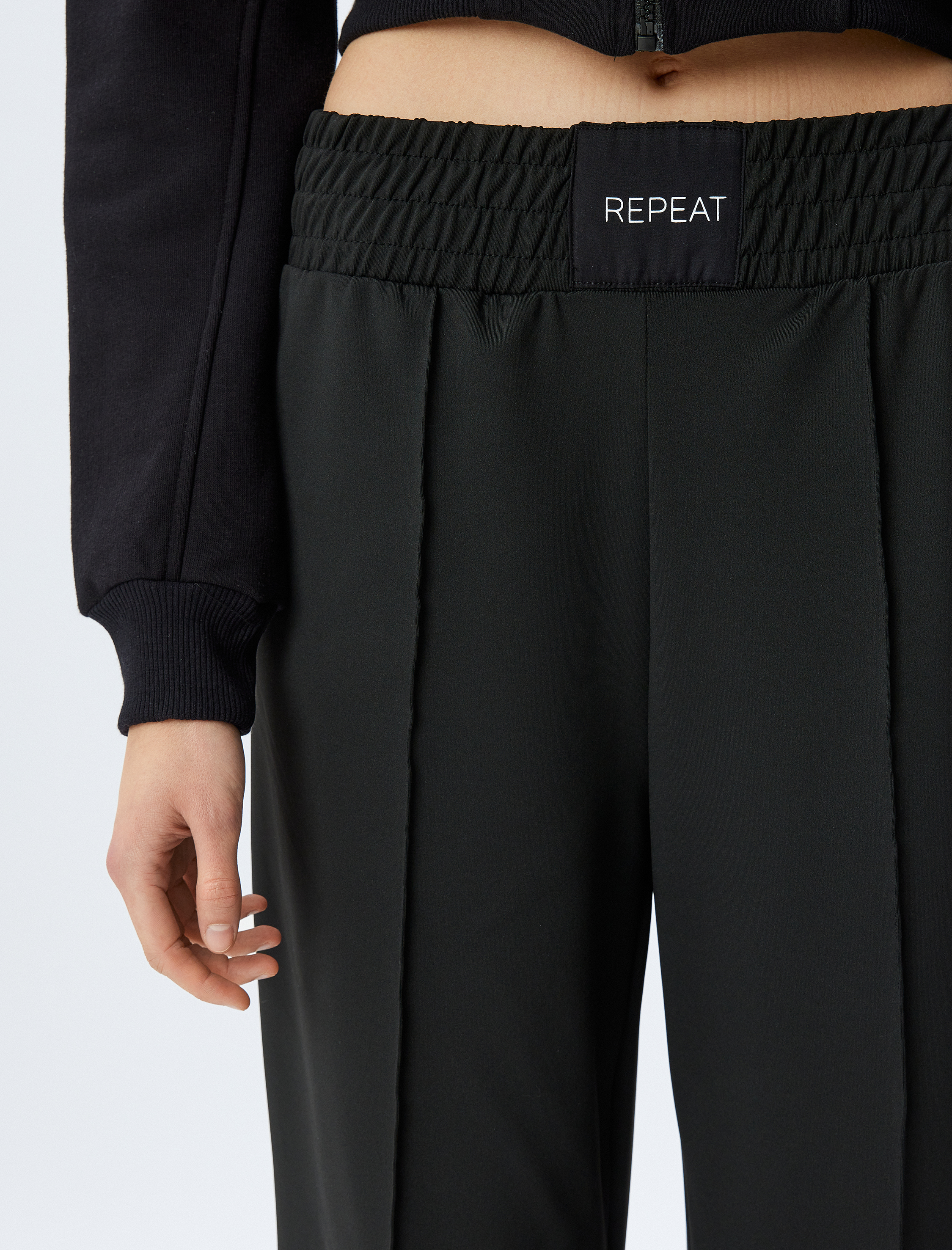 Geniş Paça Beli Lastikli Sloganlı Nervürlü Yüksek Bel Eşofman Pantolon İnterlok