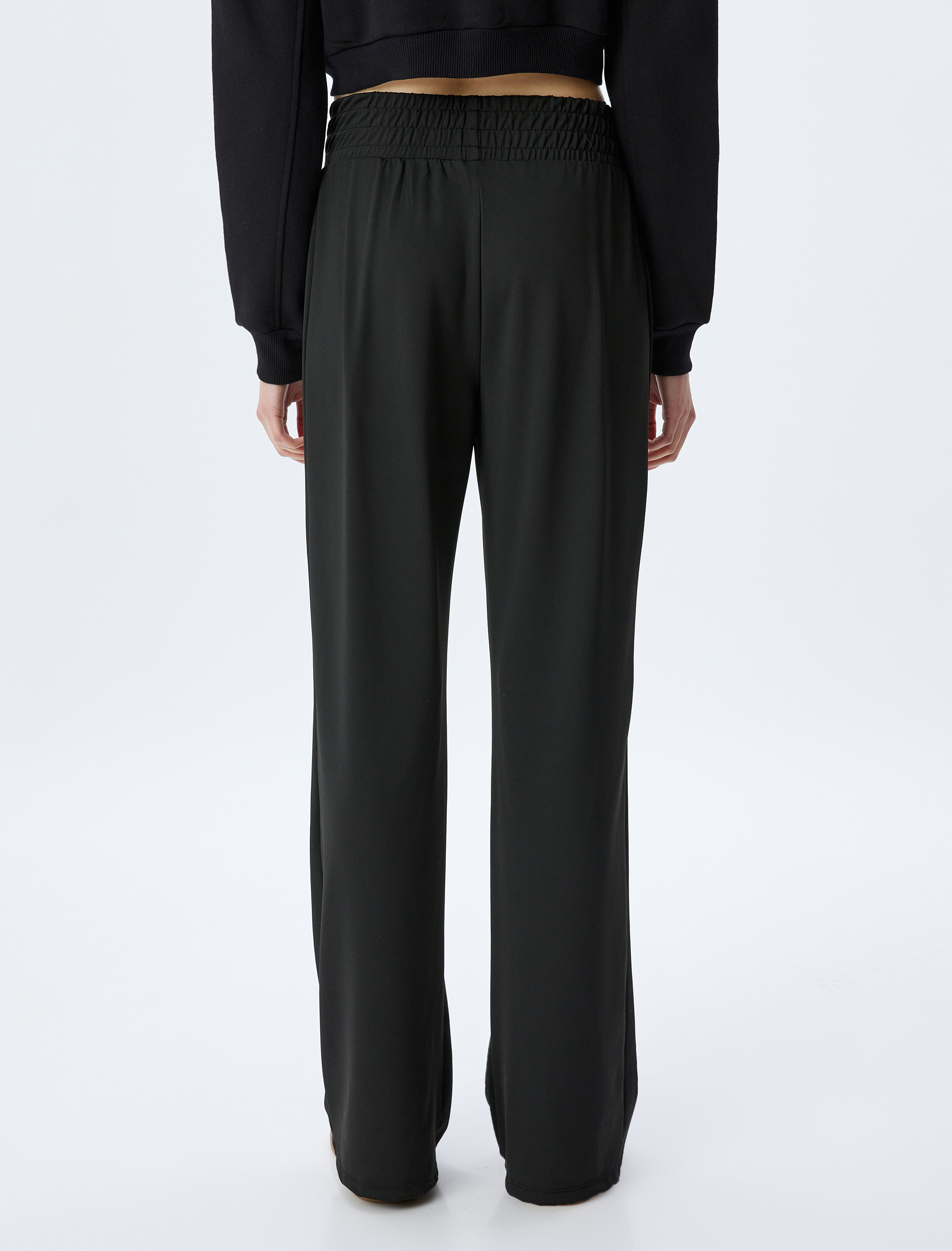 Geniş Paça Beli Lastikli Sloganlı Nervürlü Yüksek Bel Eşofman Pantolon İnterlok