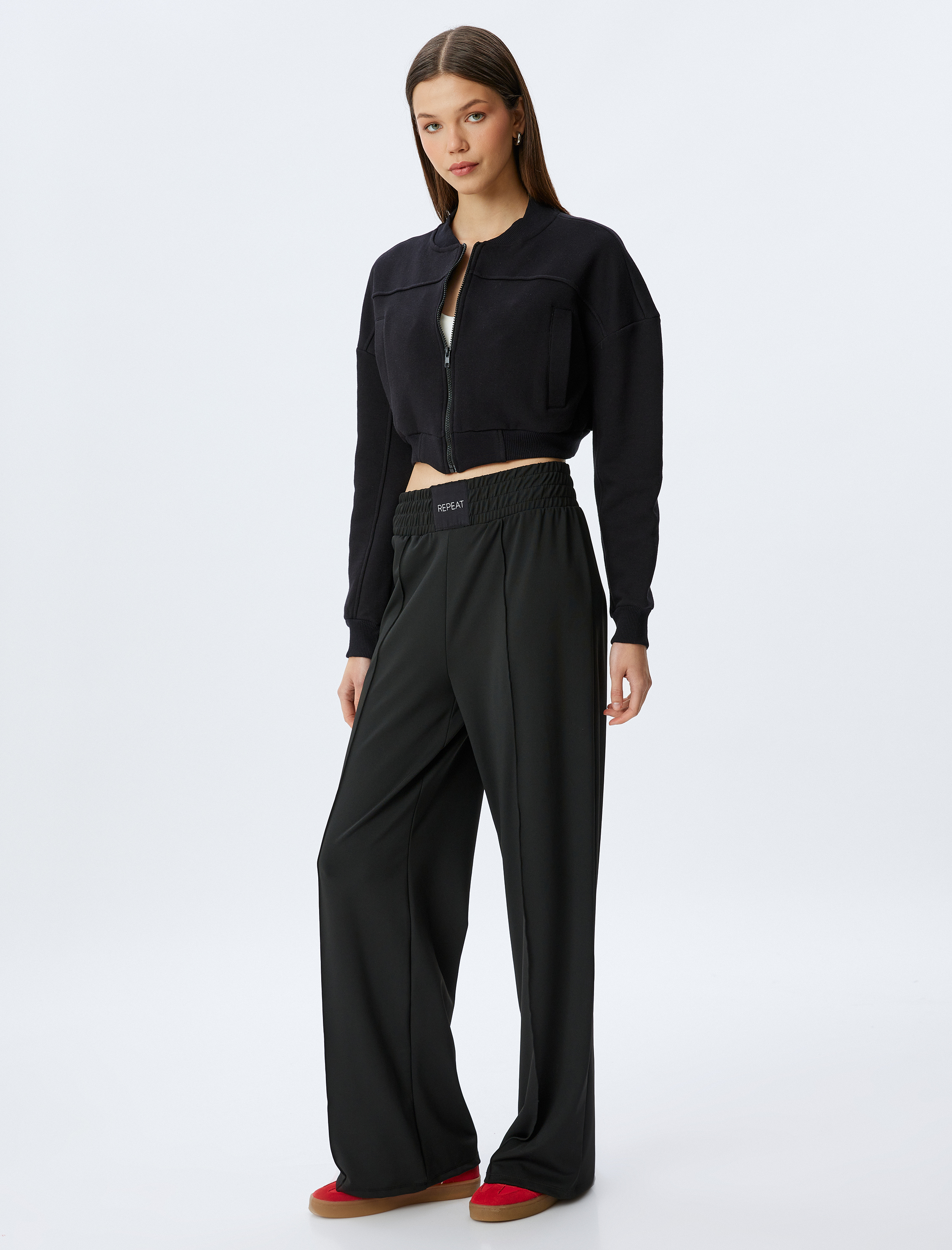 Geniş Paça Beli Lastikli Sloganlı Nervürlü Yüksek Bel Eşofman Pantolon İnterlok