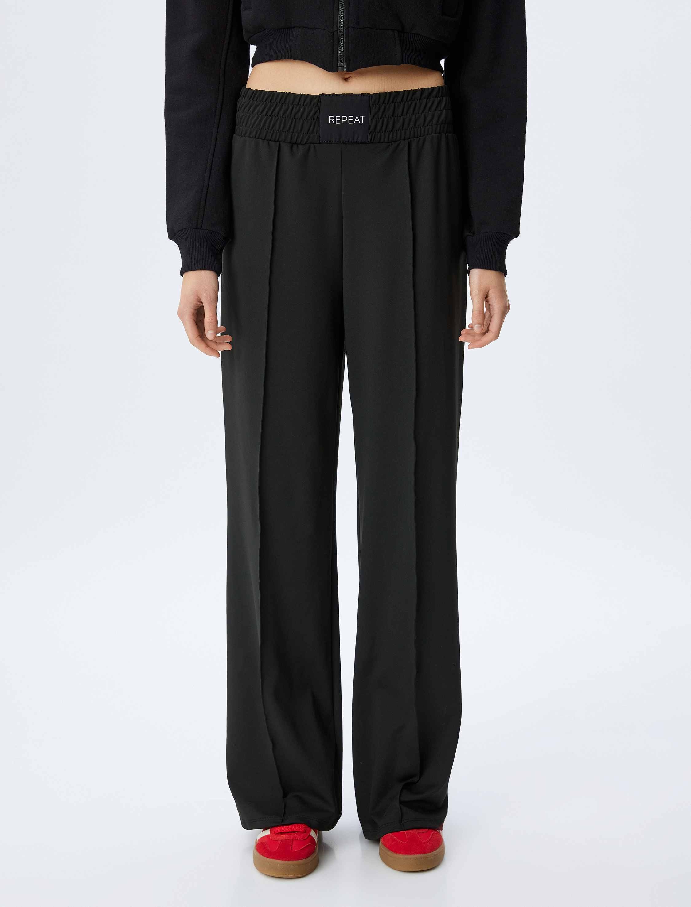 Geniş Paça Beli Lastikli Sloganlı Nervürlü Yüksek Bel Eşofman Pantolon İnterlok