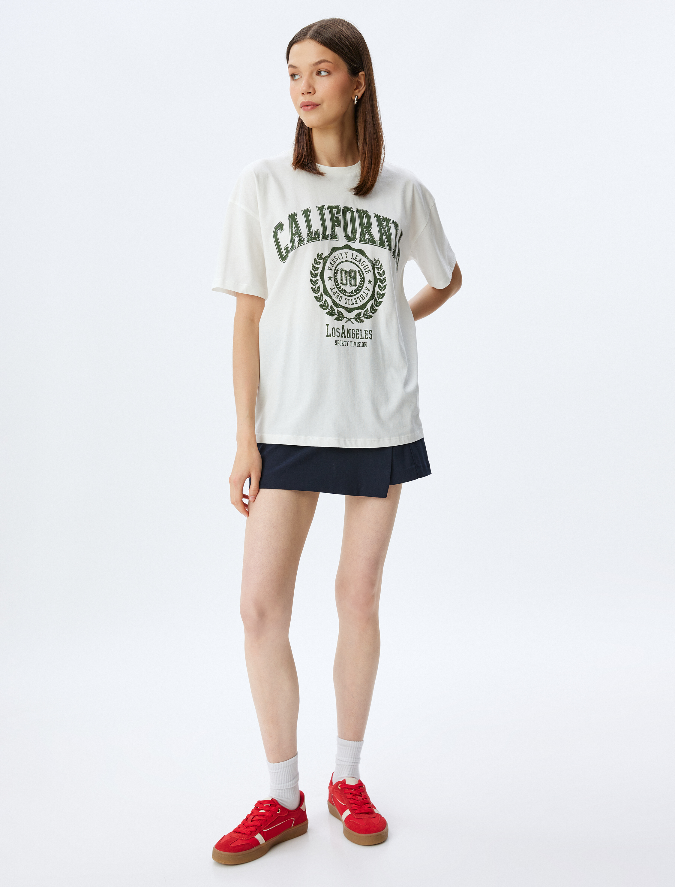   Oversize Kolej Baskılı Bisiklet Yaka Kısa Kollu Pamuklu Tişört