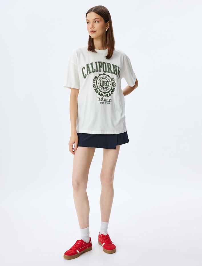  Oversize Kolej Baskılı Bisiklet Yaka Kısa Kollu Pamuklu Tişört