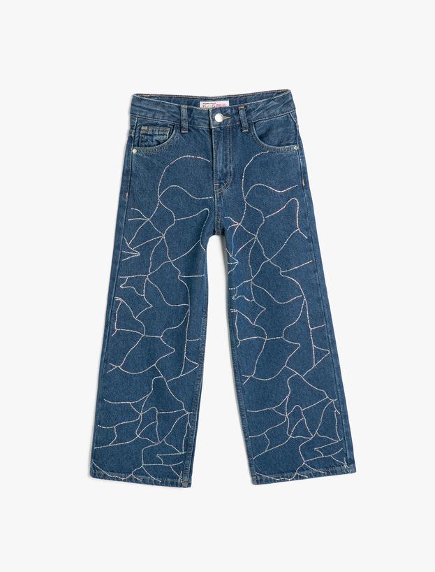 Taş Detaylı Geniş Paça Cepli Pamuklu Kot Pantolon - Wide Leg Jean_0