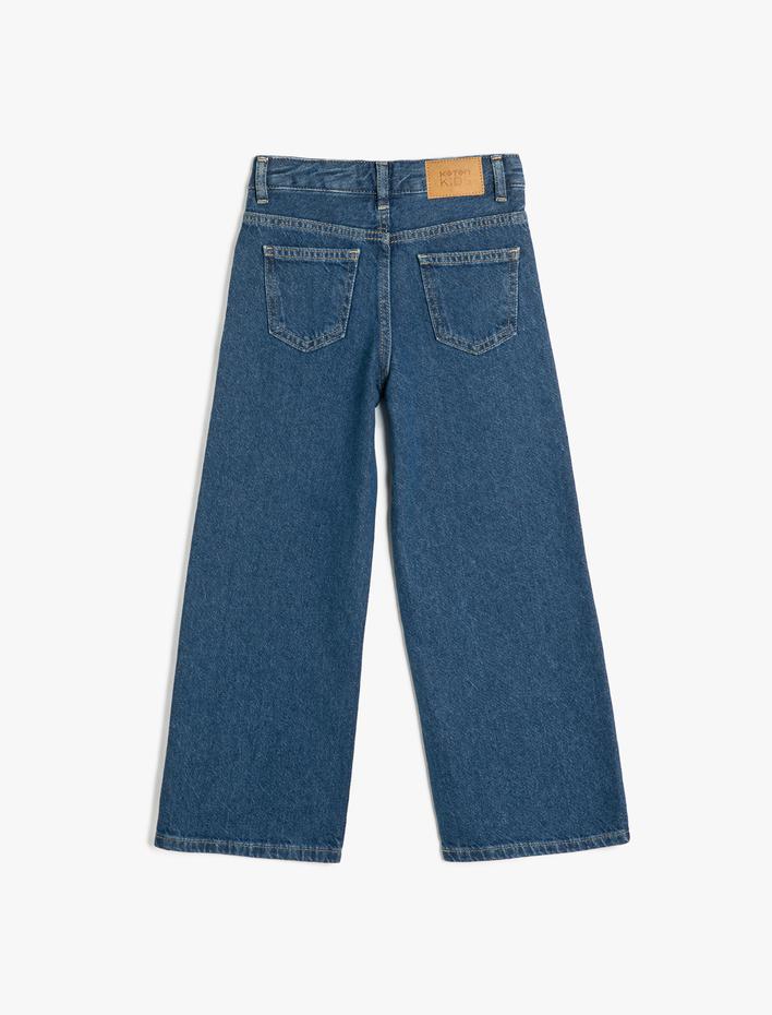 Kız Çocuk Taş Detaylı Geniş Paça Cepli Pamuklu Kot Pantolon - Wide Leg Jean