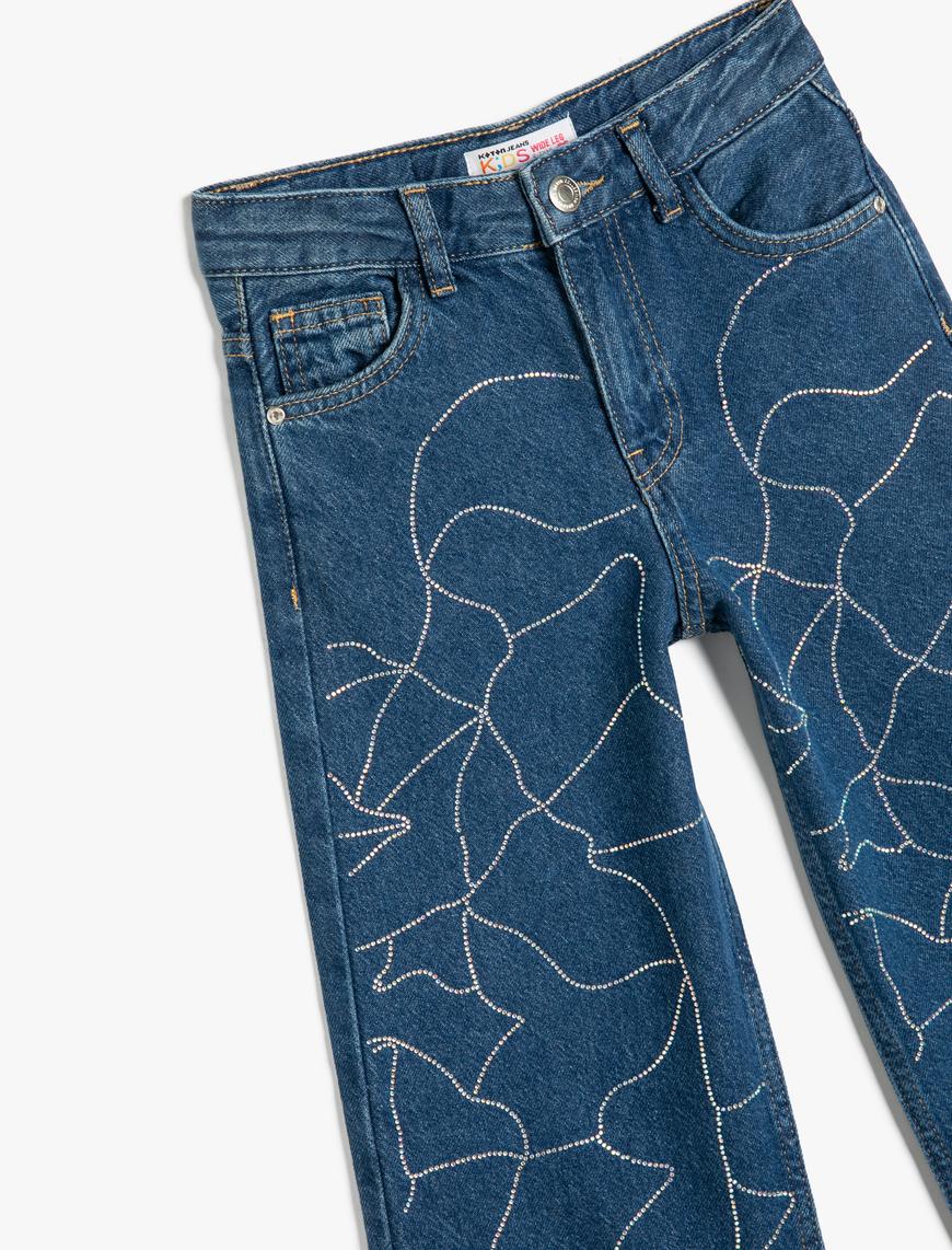  Kız Çocuk Taş Detaylı Geniş Paça Cepli Pamuklu Kot Pantolon - Wide Leg Jean