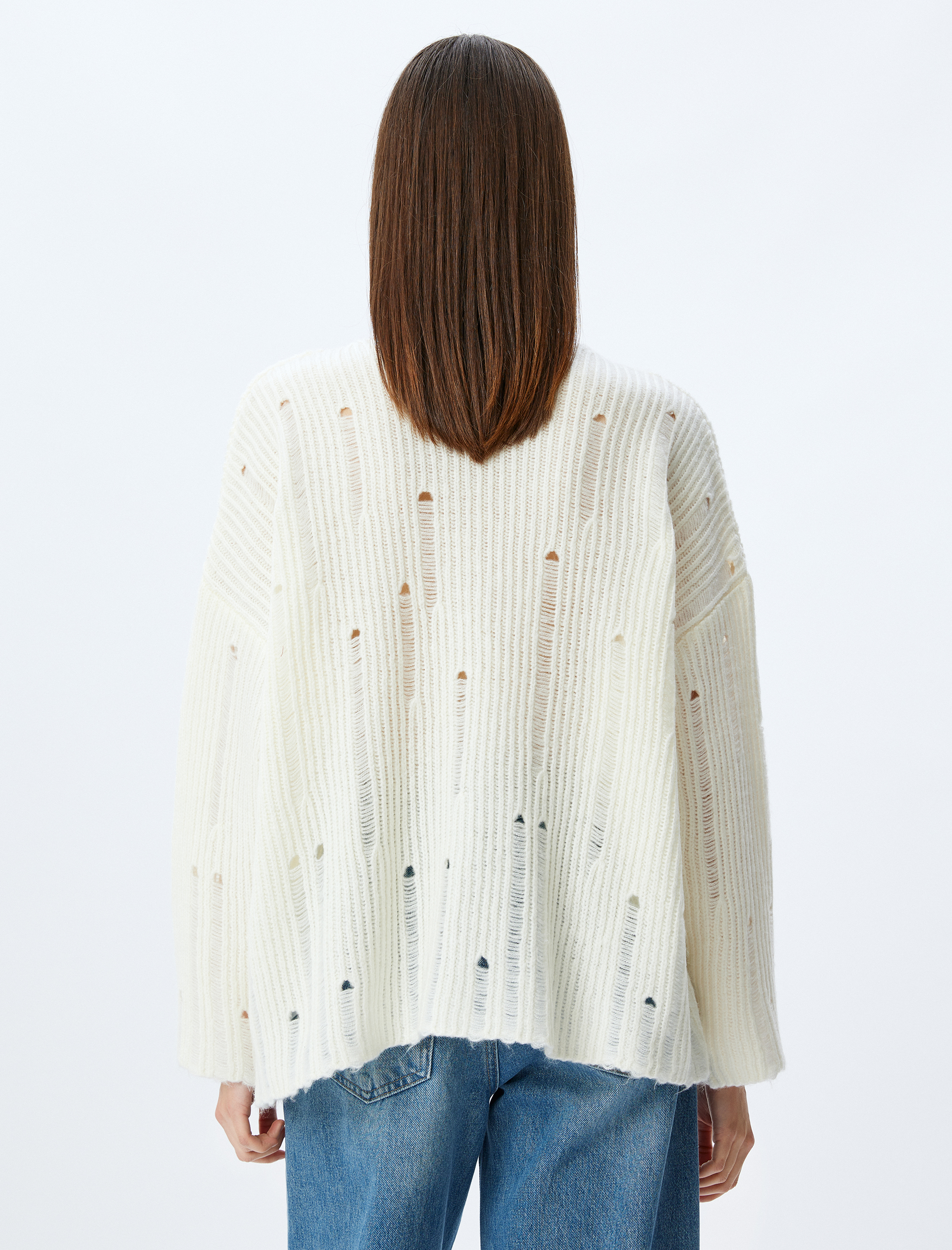   Bisiklet Yaka Yıpratılmış Uzun Kollu Rahat Kalıp Triko Kazak