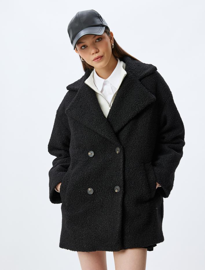  Kruvaze Yaka Düğmeli Cep Detaylı Buklet Kaban