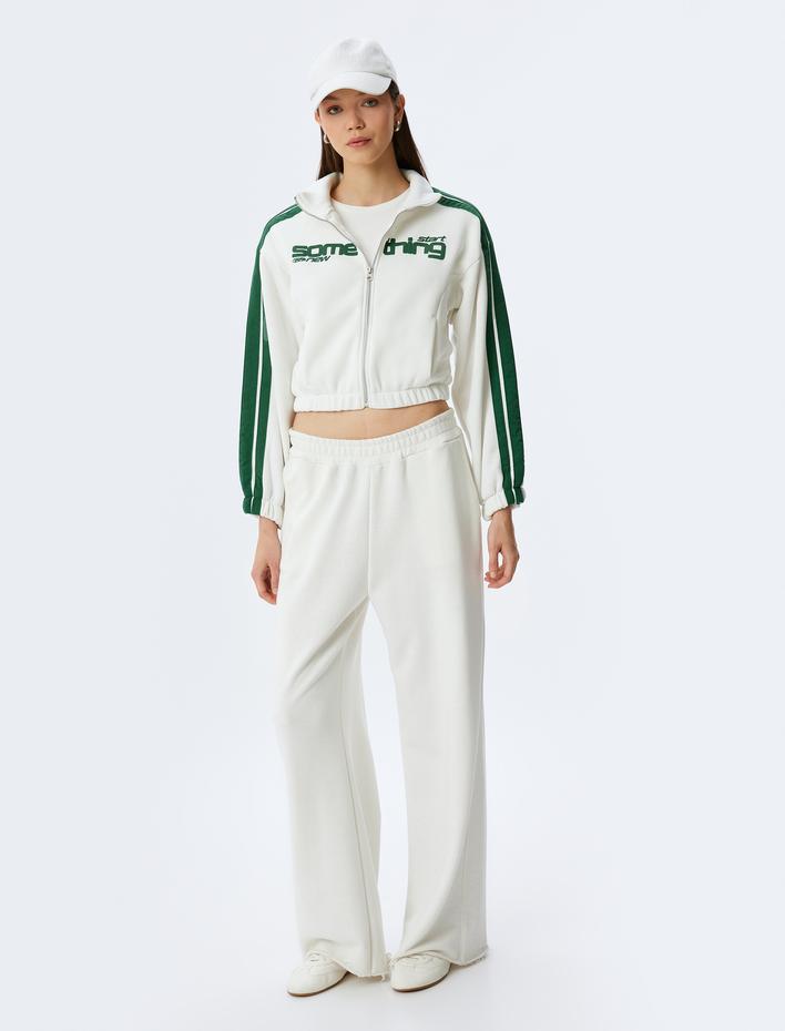  Şardonlu Crop Dik Yaka Biyeli Cep Detaylı Kolej Baskılı Fermuarlı Sweatshirt