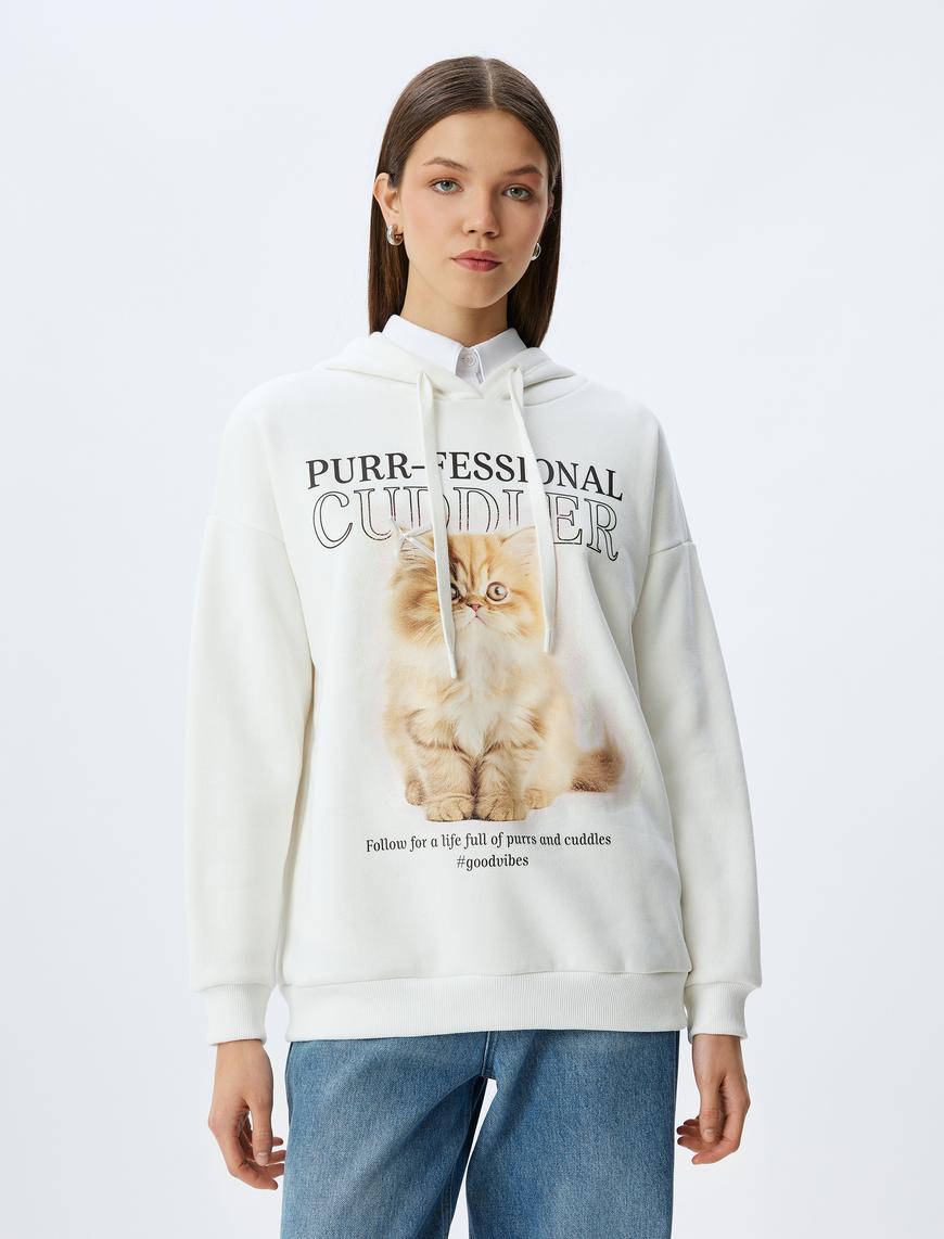   Kedi Baskılı Kapüşonlu Rahat Kalıp Şardonlu Sweatshirt