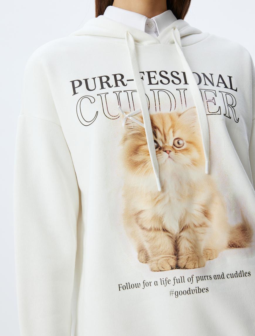   Kedi Baskılı Kapüşonlu Rahat Kalıp Şardonlu Sweatshirt