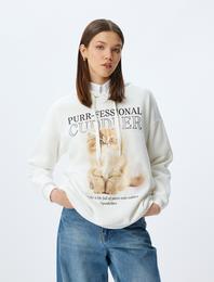 Kedi Baskılı Kapüşonlu Rahat Kalıp Şardonlu Sweatshirt