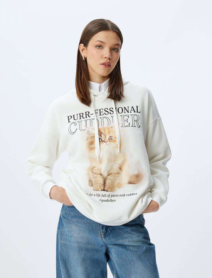  Kedi Baskılı Kapüşonlu Rahat Kalıp Şardonlu Sweatshirt