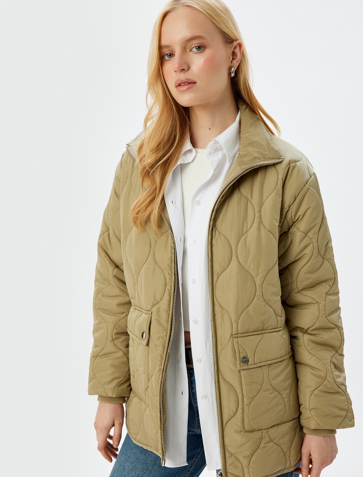  Fermuarlı Cepli Dik Yaka Kapitone Şişme Mont