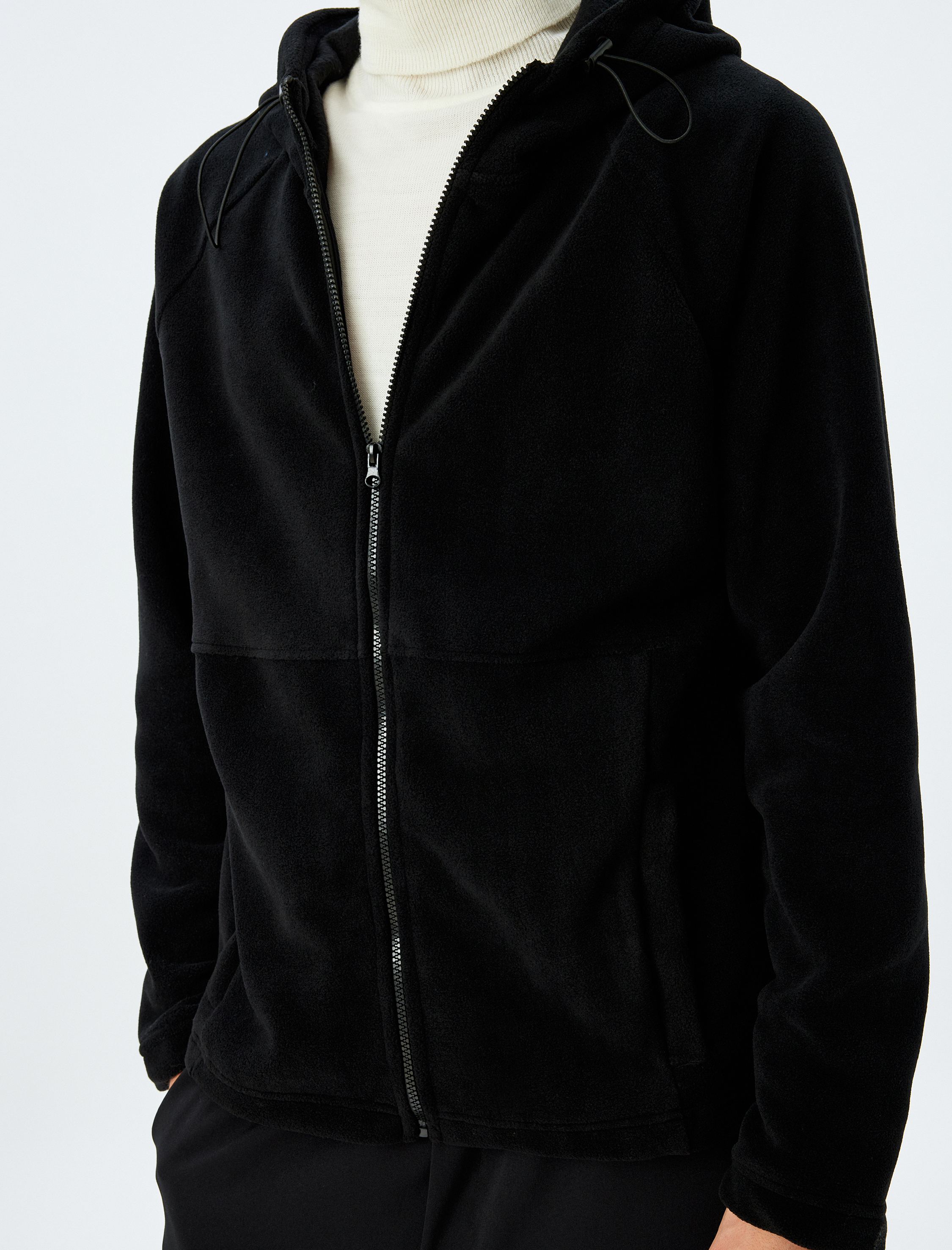 Fermuarlı Dikiş Detaylı Basic Cepli Kapşonlu Polar Hırka