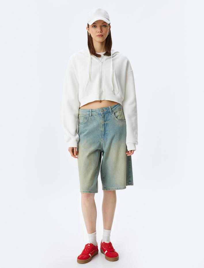  Şardonlu Arkası Kolej Baskılı Crop Fermuarlı Kapüşonlu Cepli Sweatshirt