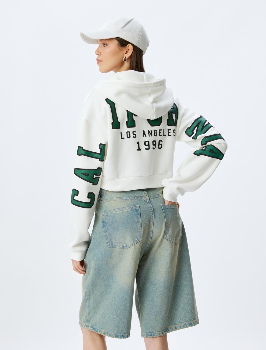   Arkası Kolej Baskılı Crop Fermuarlı Kapüşonlu Cepli Sweatshirt