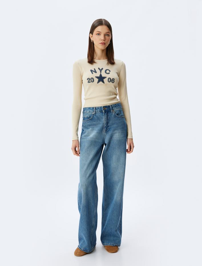  Kolej Nakışlı Bisiklet Yaka Uzun Kollu Pamuklu Tişört