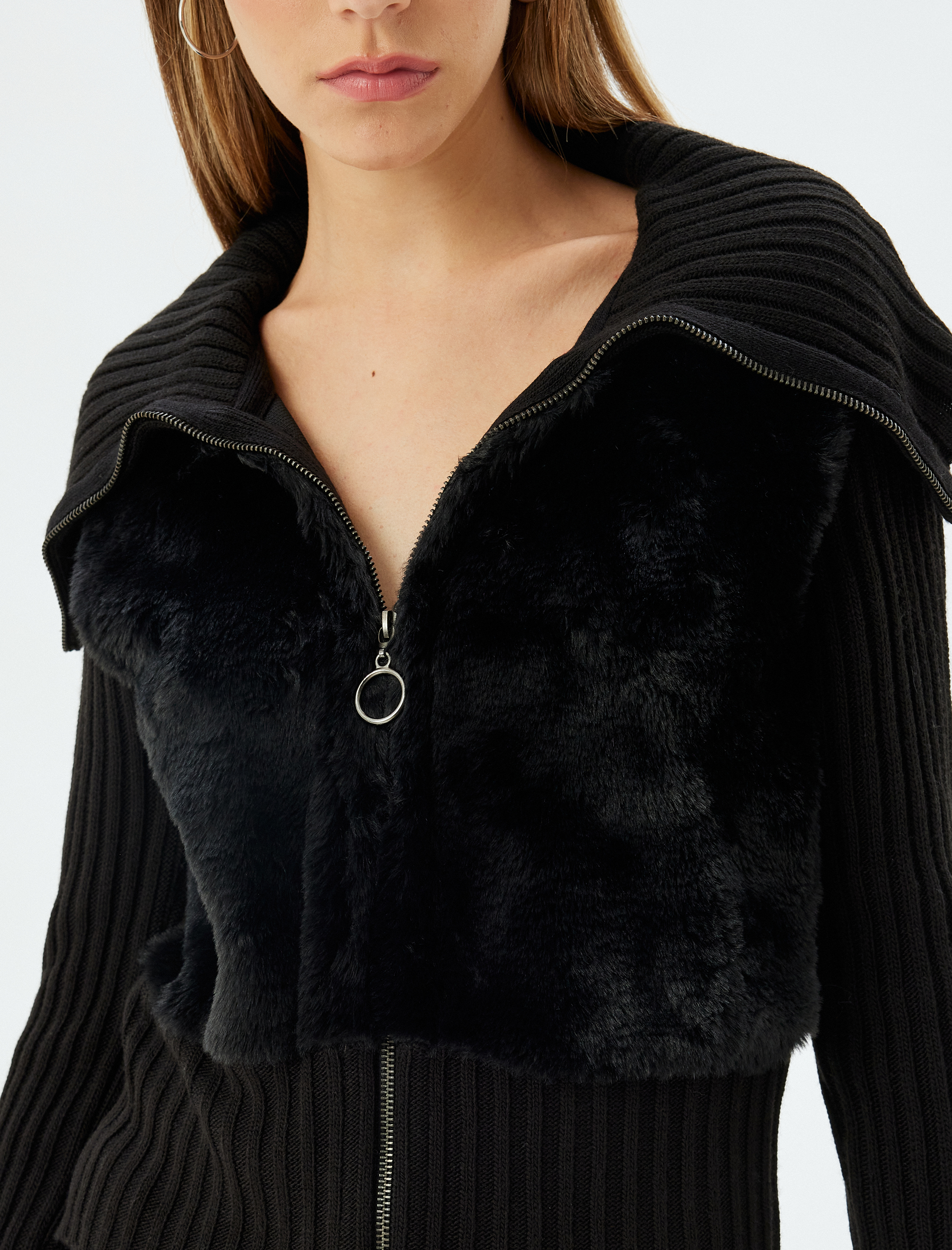   Suni Kürk Hırka Dik Yaka Fermuarlı Ribanalı Slim Fit