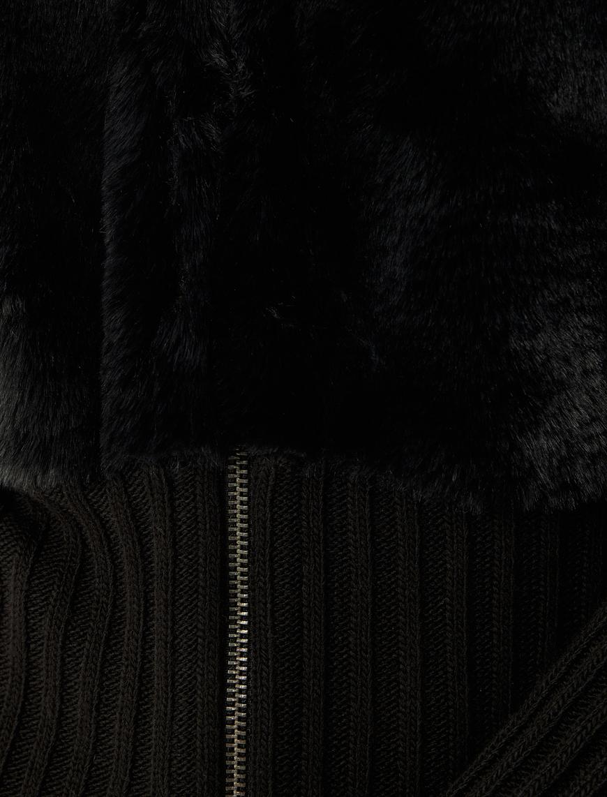   Suni Kürk Hırka Dik Yaka Fermuarlı Ribanalı Slim Fit