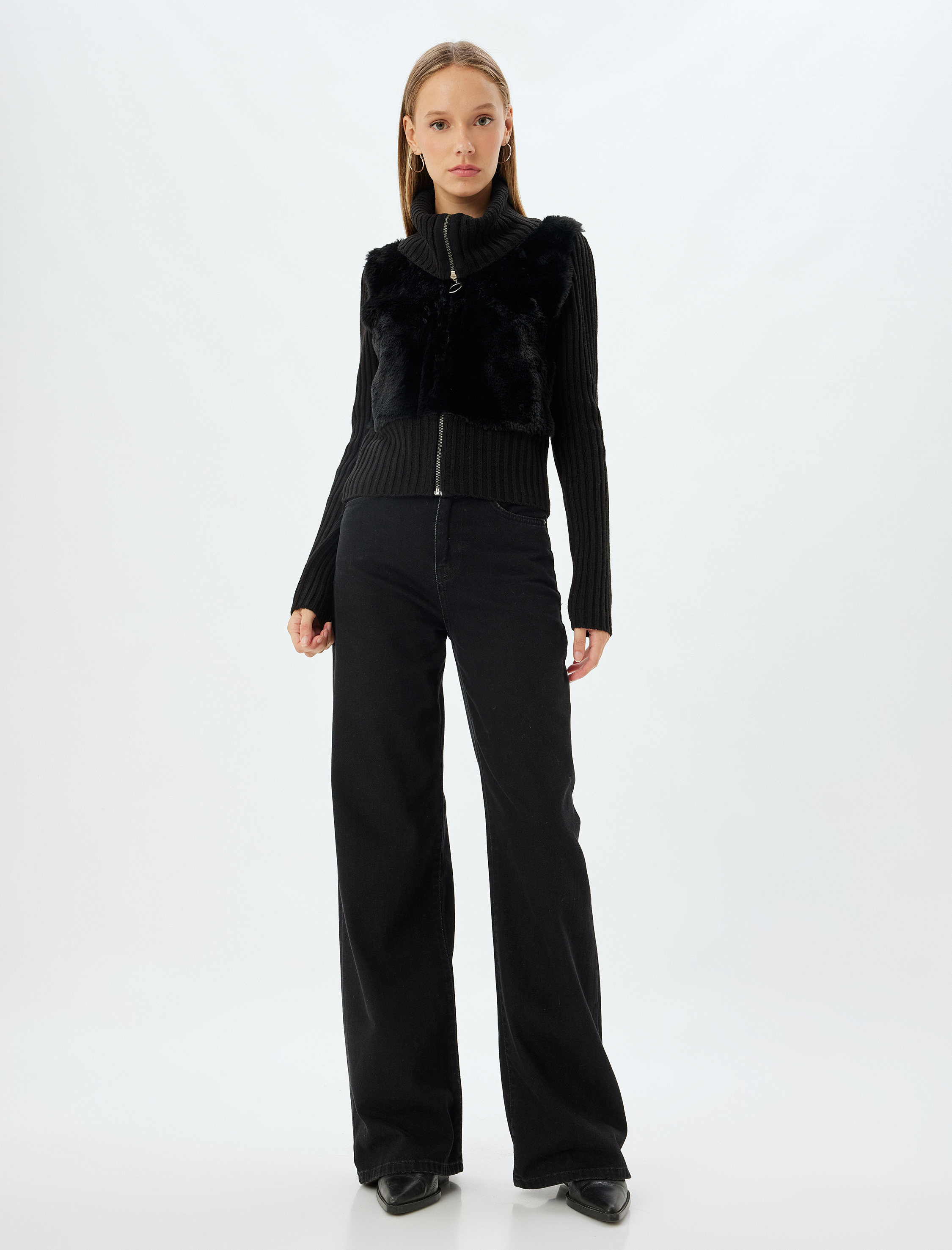   Suni Kürk Hırka Dik Yaka Fermuarlı Ribanalı Slim Fit